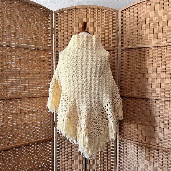 Handmade Crocheted Fringe Shawl Wrap Triangle Shape Crochet Buttons Cream Beige - Picture 2 of 14
